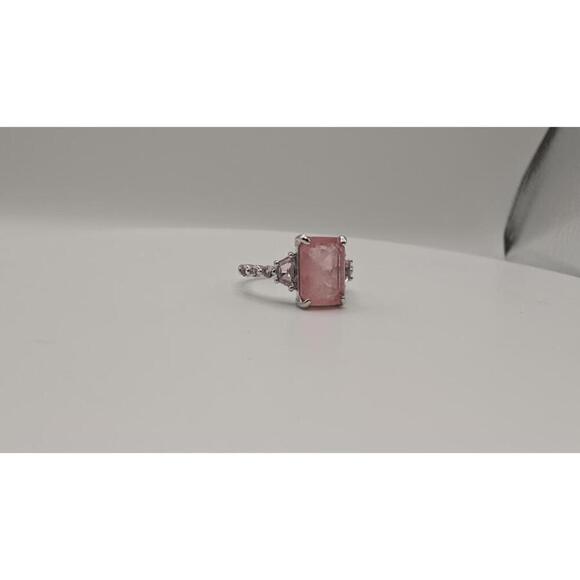 Silver Ring with Rectangular Pink Gemstone and Accent Stones Size 7 - Picture 7 of 9